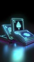 AI generated Some playing cards with glowing neon designs on a tablet. Generative AI photo