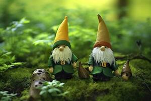 AI generated Toy Irish gnomes in a mystery forest, abstract green natural background. Generative AI photo