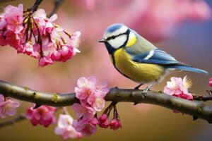 ai generado un bluetit pájaro descansando en el rama de un árbol. ai generado. foto