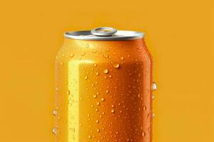 AI generated Can of fresh soda with water drops on orange background, closeup. Generative AI photo