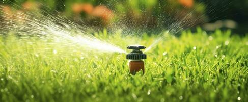 AI generated Automatic garden lawn sprinkler in action watering grass. AI Generated photo