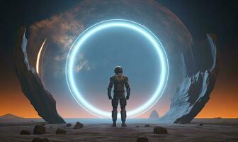 AI generated Astronaut in front of dimensional portal.  AI Generated. photo