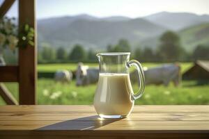 AI generated Glass pitcher with fresh milk on a wooden table. AI Generated photo