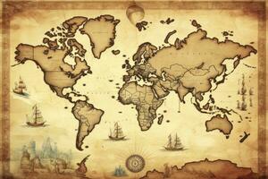 AI generated Great detailed illustration of the world map in vintage style. AI Generated photo