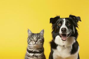 ai generado gato y perro juntos con contento expresiones en amarillo antecedentes. ai generado foto