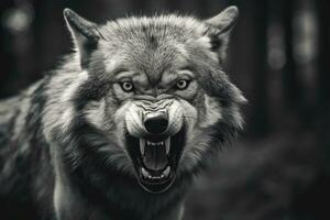 AI generated Greyscale closeup shot of an angry wolf with a blurred background. AI Generated photo