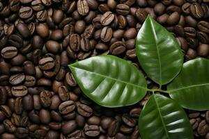 AI generated Green leaves with coffee beans as background. AI Generated photo