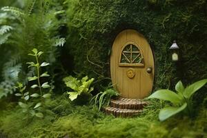 AI generated Little magic wooden fairy doors and plants leave on a mossy natural green background. AI Generated photo