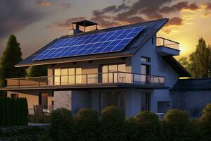 ai generado moderno casa con azul solar paneles en el techo. final de el día, puesta de sol. ai generado foto