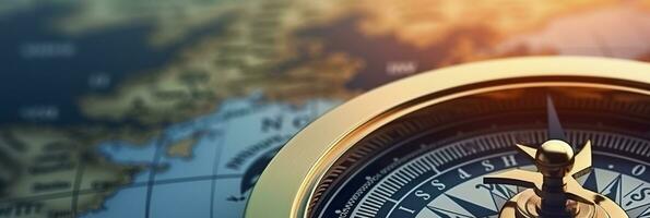 AI generated Magnetic compass and location marking with a pin on routes on world map. AI Generated photo