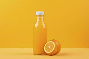 ai generado naranja jugo botella en naranja antecedentes. ai generado foto