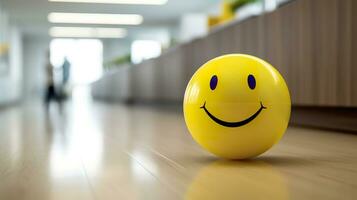 ai generado un amarillo sonriente pelota lata promover un positivo trabajo ambiente. generativo ai foto