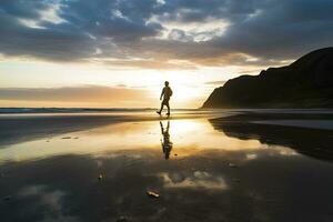 AI generated A person walking on the beach at sunset. AI Generated. photo