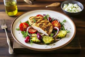 AI generated Seared chicken breast and Greek salad on a wooden table. Generative AI photo