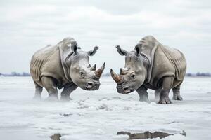 AI generated Two Rhinoceros getting ready for fight on Ice. AI Generated photo