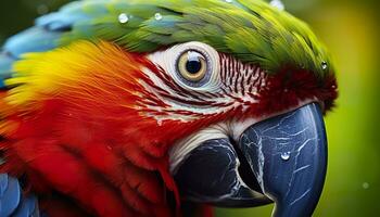 ai generado tropical guacamayo encaramado, vibrante plumas en enfocar. generativo ai foto