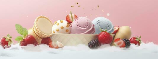 AI generated Banner with ice cream in a waffle cone on a summer day. Generative AI photo