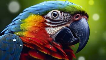 AI generated Tropical macaw perched, vibrant feathers in focus. Generative AI photo