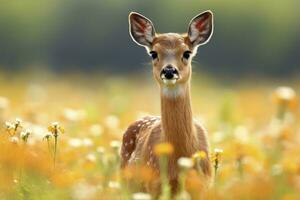 ai generado hembra hueva ciervo con hermosa flor. ai generado foto