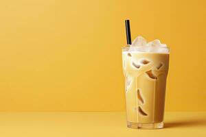 ai generado con hielo latté en amarillo antecedentes. ai generado foto