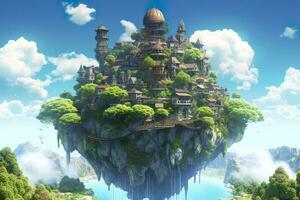 AI generated Ancient Heavenly Floating island in the sky with a castle, vibrant, fantasypunk, AI Generative photo