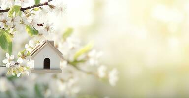 AI generated Toy house and cherry flowers, spring abstract natural background. Generative AI photo