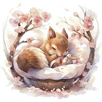 AI generated A sleepy baby squirrel in a bedding. watercolor illustration. AI Generated photo