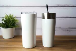 AI generated White stainless steel sublimation blank tumblers with straw, product shot. Generative AI photo