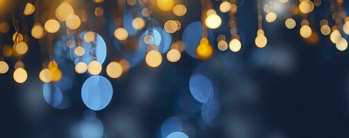 AI generated holiday illumination and decoration concept, Christmas garland bokeh lights over dark blue background. AI Generated photo