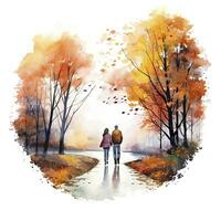 ai generado acuarela otoño paisaje con un Pareja caminando. ai generado foto