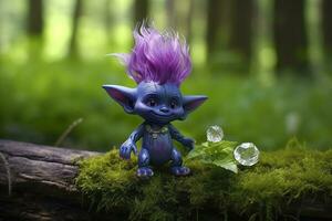 AI generated Tale troll with crystals in the forest, natural green background. Generative AI photo