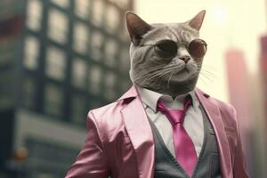 AI generated A cat is wearing sunglasses, suit and standing on street. AI Generated photo