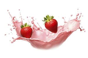 AI generated milk or yogurt splash with strawberries isolated on white background, 3d rendering. AI Generated photo