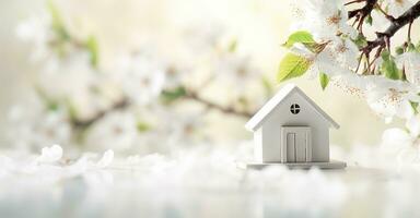 AI generated Toy house and cherry flowers, spring abstract natural background. Generative AI photo