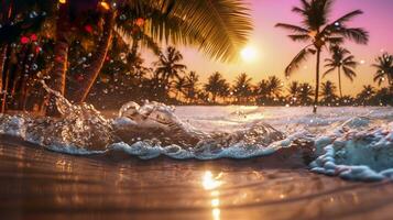 AI generated Beach with waves and coconut trees at sunset. Generative AI photo