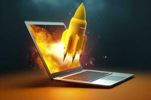 AI generated Launching a new product or service. Technology development process. Space rocket launch. 3d render. Yellow rocket lift up from the display laptop. AI Generative photo