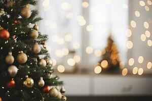 ai generado desenfocado Navidad árbol con muchos diferente decoraciones ai generado foto