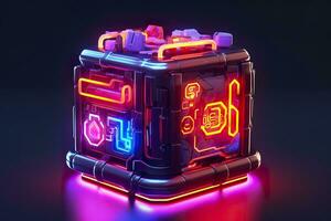 AI generated Modern and Futuristic Neon Digital Gaming Chest in Cartoon Pixar 3D Blender Style. AI Generative photo