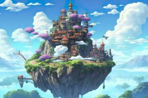 AI generated Ancient Heavenly Floating island in the sky with a castle, vibrant, fantasypunk, AI Generative photo