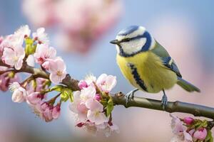 ai generado un bluetit pájaro descansando en el rama de un árbol. ai generado. foto