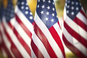 AI generated Closeup of an American flag in a row. AI Generated photo