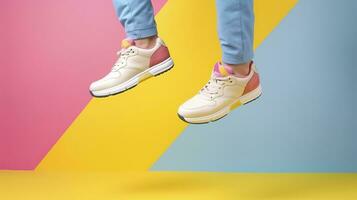 AI generated Flying trendy sneakers on creative colorful background, Stylish fashionable concept. AI Generated photo