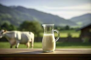 AI generated Glass pitcher with fresh milk on a wooden table. AI Generated photo