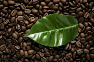 AI generated Green leaves with coffee beans as background. AI Generated photo