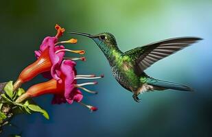 AI generated Hummingbird bird flying next to a beautiful red flower with rain. AI Generated photo