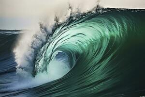 AI generated Extreme close up of thrashing emerald ocean waves. AI Generated photo