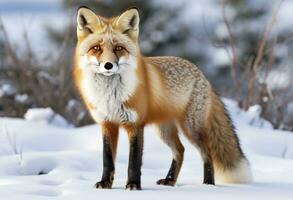 AI generated Red fox standing on snow. AI Generated. photo