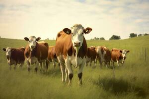 AI generated Group of cows standing in a grassy field. AI Generated photo