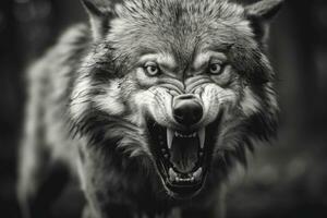 AI generated Greyscale closeup shot of an angry wolf with a blurred background. AI Generated photo