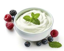 AI generated Green bowl of greek yogurt and fresh berries isolated on white background. AI Generated photo